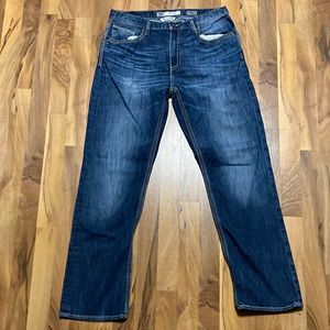 BKE Men Tyler Straight Leg Denim Jeans Size 36 L Dark Blue Wash Distressed